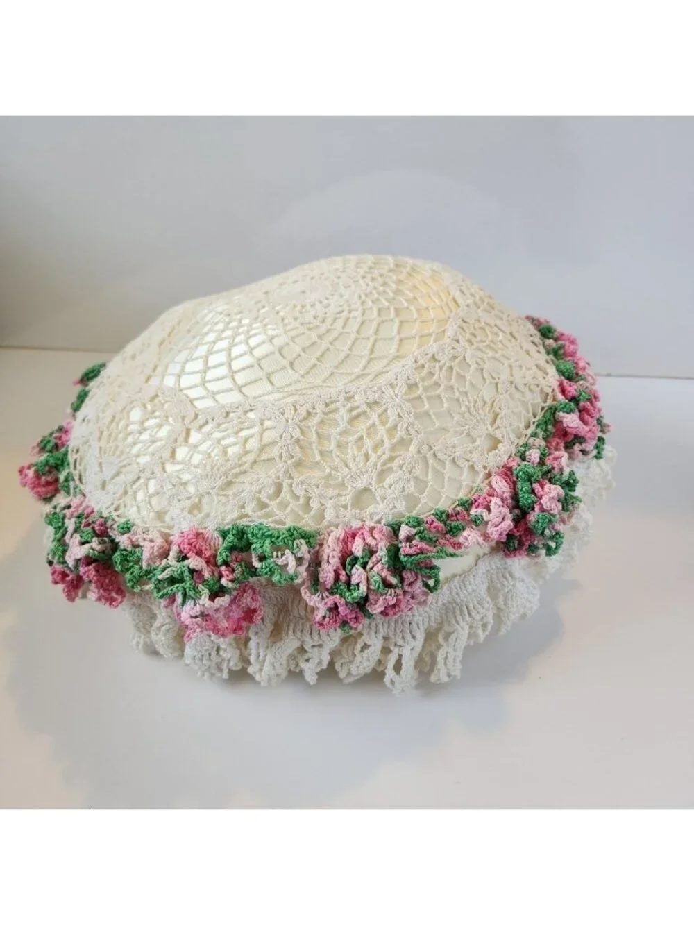 Vintage Pillow Crochet Knitted Floral Pink Flowers Decorative Cottagecore Decor